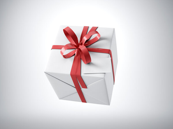 Белая коробка подарков с красной лентой