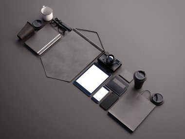 Siyah arka plan üzerine genel tasarım office öğeleri kümesi. 3D render