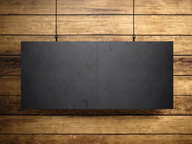 Photo of blank black vintage canvas hanging on the wood background. 3d render