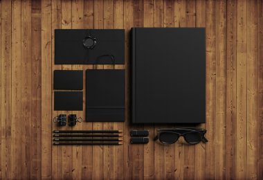 Öğeleri doğal ahşap arka plan üzerinde marka fotoğraf. 3D render