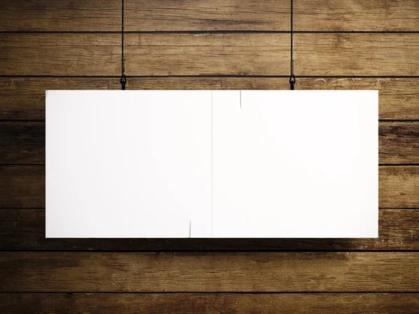 Foto von leerer weißer Leinwand, die auf dem Holzgrund hängt. 3D-Darstellung — Stockfoto