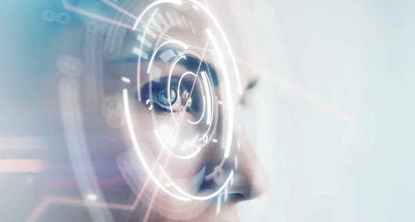 Closeup of woman eye with visual effects, isolated on white background. Horizontal