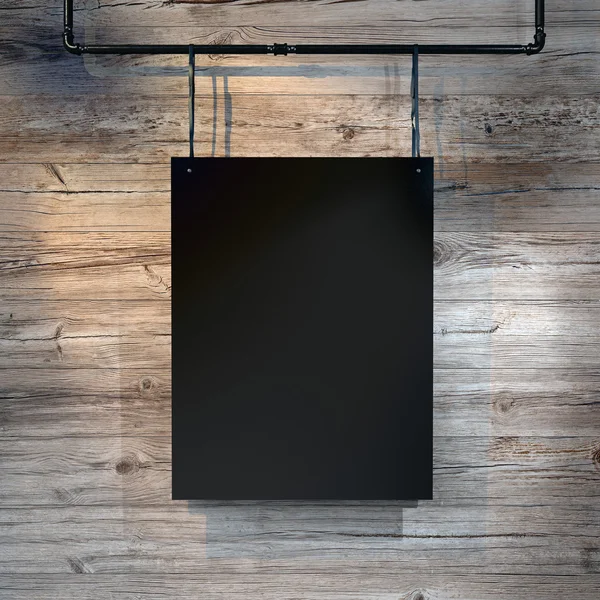 Foto de tela preta em branco pendurada no fundo de madeira natural. Quadrado. Renderização 3d — Fotografia de Stock