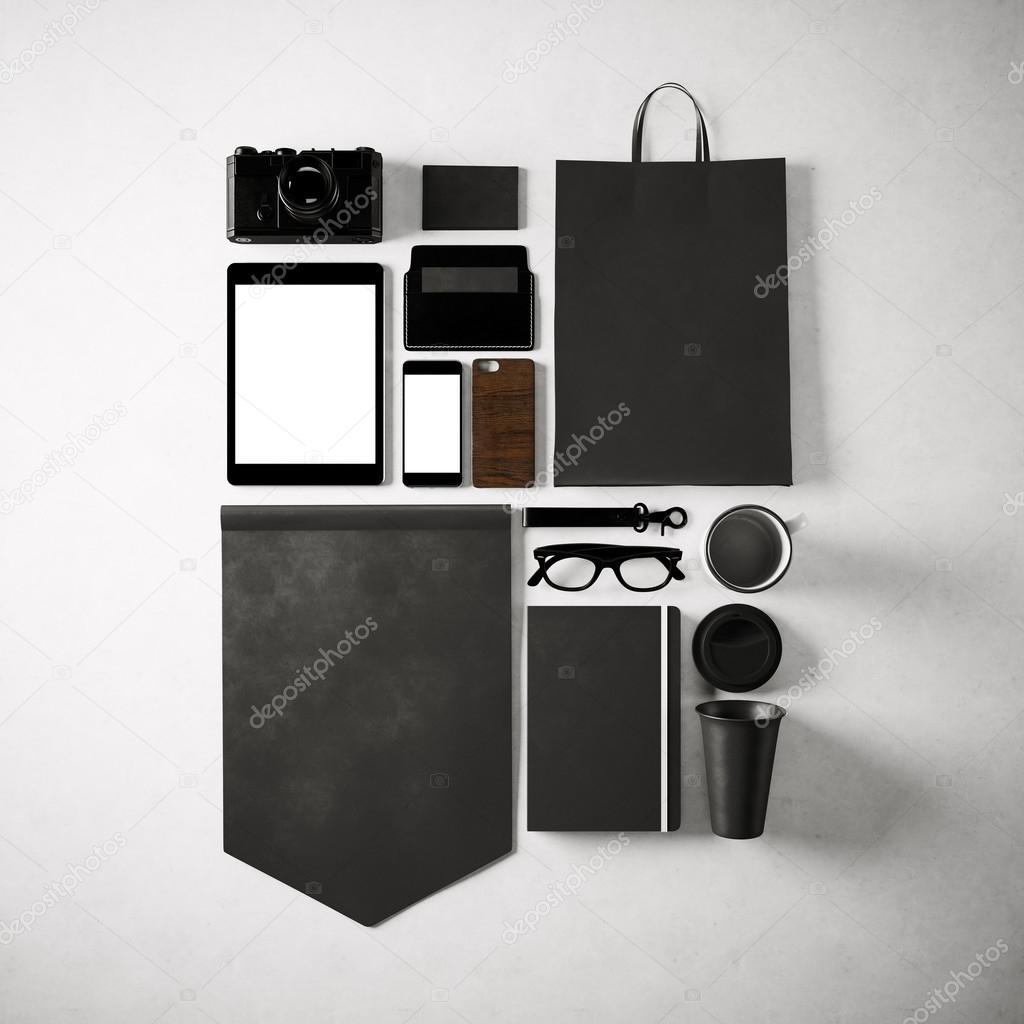 Set of generic design office elements on the white background. Square, top view. 3d render