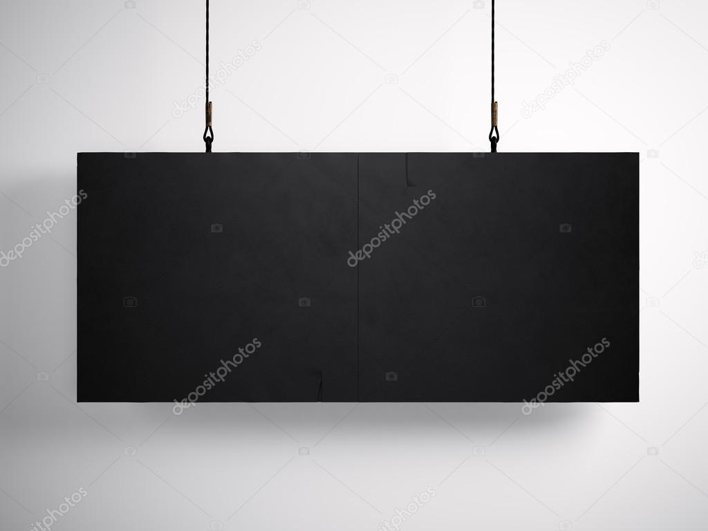 Photo of blank black canvas hanging on the white background.  3d render