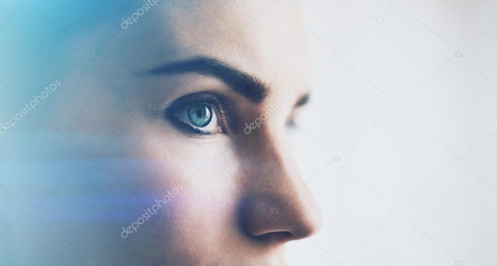 Closeup of woman eye with visual effects, isolated on white background. Horizontal