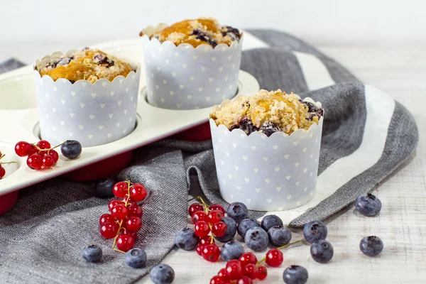 Blueberry muffins on a tray, homemade dessert — Stock Photo, Image