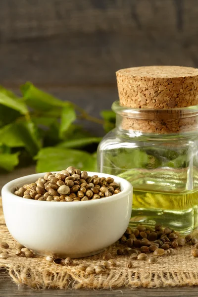 Hemp seeds and hemp oil, close up — Stock Photo, Image