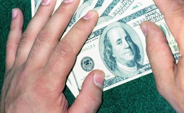 Corruptman Showing Bribe Holding Hundred Dollar Bills His Hands — Stock Photo, Image