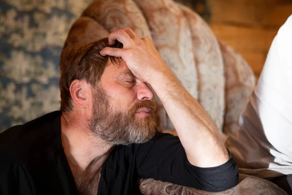 Handsome Russian Bearded Man Resting Posing His New Wooden House — Stock Photo, Image