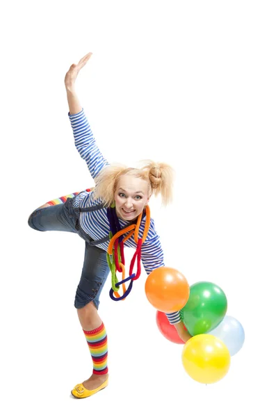 Female funny clown with balloons — Stock Photo, Image