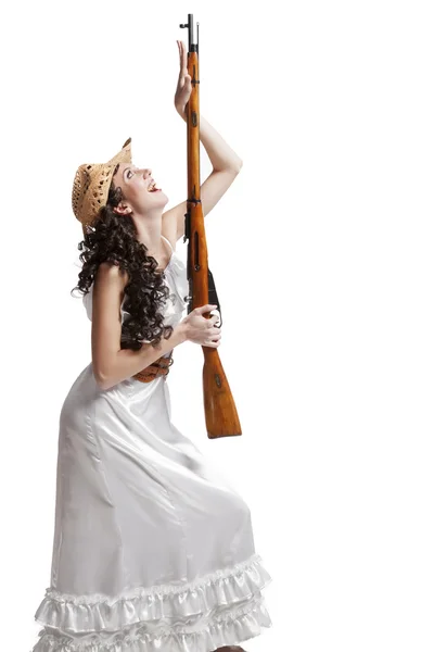 권총으로 드레스 여자 — 스톡 사진