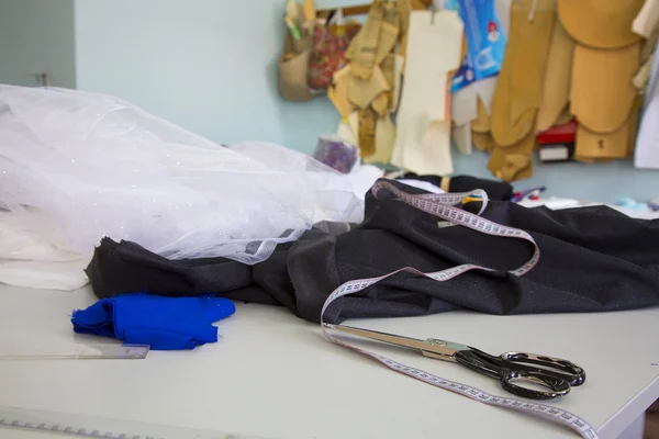 Fabric, scissors, measuring tape — Stock Photo, Image