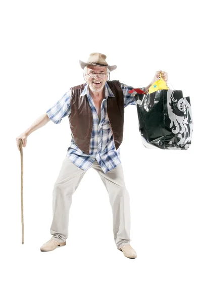 Senior man  with cane  and bag — Stock Photo, Image