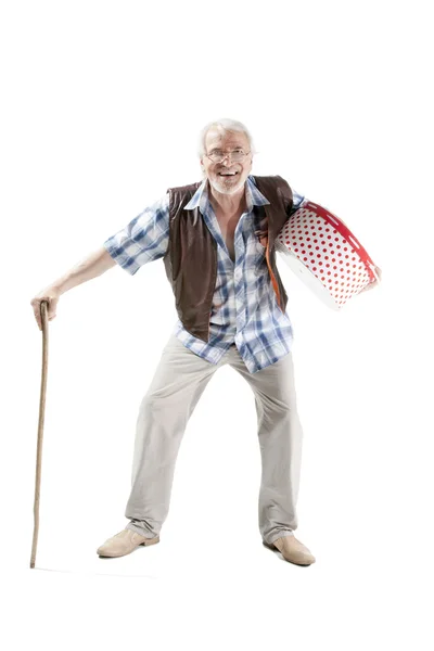 Senior man  with cane  and bag — Stock Photo, Image