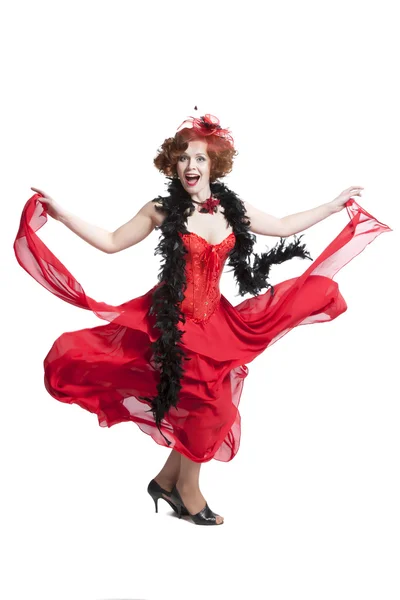 Hezká žena v červené karnevalové šaty — Stock fotografie