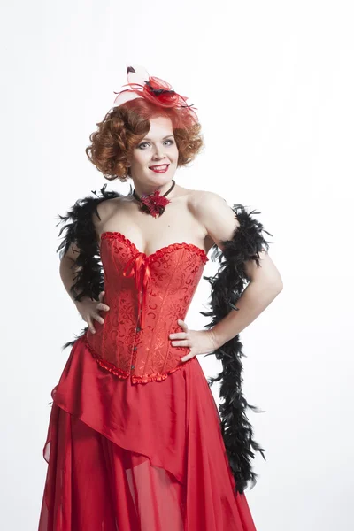 Mulher bonita em vestido de carnaval vermelho — Fotografia de Stock