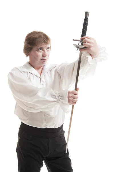 Człowiek w średniowiecznych ubraniach z mieczem — Zdjęcie stockowe