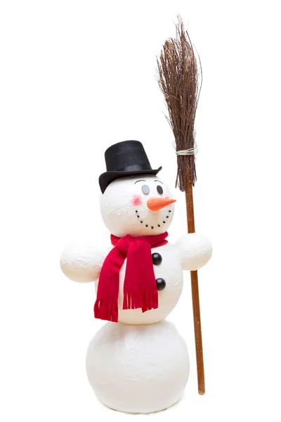 Snowman with red scarf and broom — Stock Photo, Image