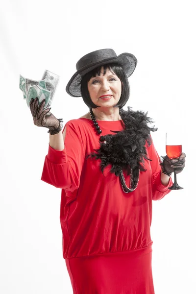 Retro woman  with wine and money — Stock Photo, Image