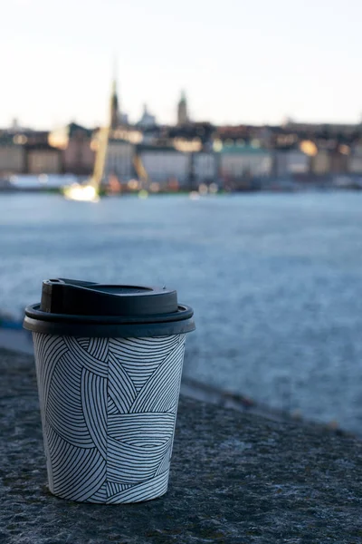 Close Take Away Coffee Mug Water City Stockholm Sweden Background — Stock Photo, Image