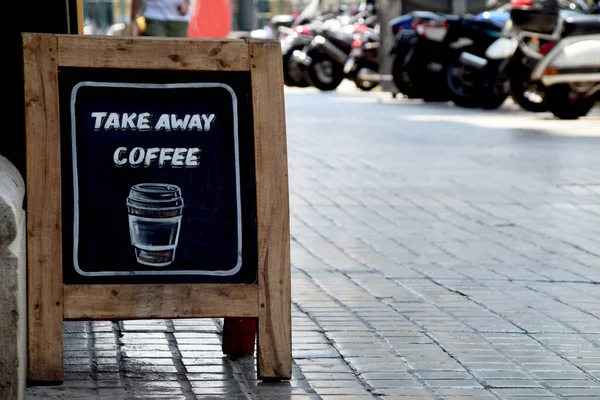 Sidewalk Sandwich Board Sign Pavement Message Take Away Coffee — Stock Photo, Image