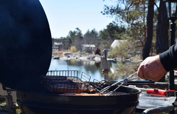 Sausages Grill Barbecue Garden Sea Coast Background — Stock Photo, Image