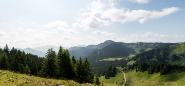 Avrupa Alpleri 'ndeki dağ manzarası manzarası. Bir yaz günü bir yol ve vadide yürüyüş patikası..