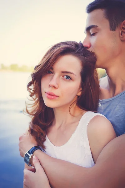 Couple in love walk near the river outdoor — Stock Photo, Image