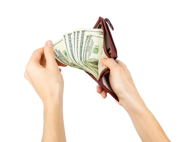 La mano de los hombres recibe dólares de un bolso — Foto de Stock