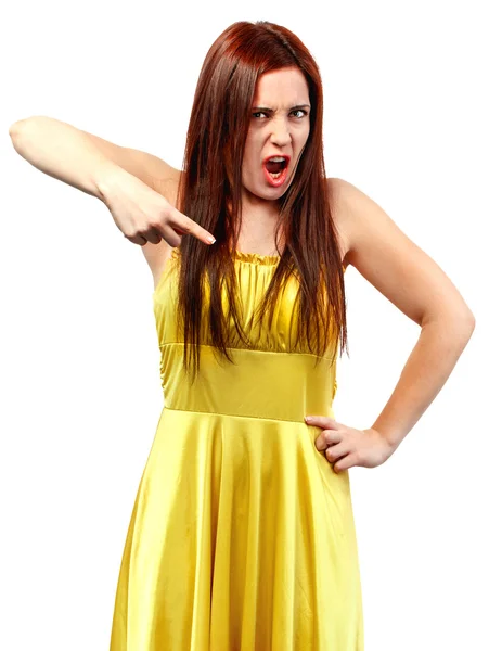 Retrato de una mujer gritando en vestido amarillo —  Fotos de Stock