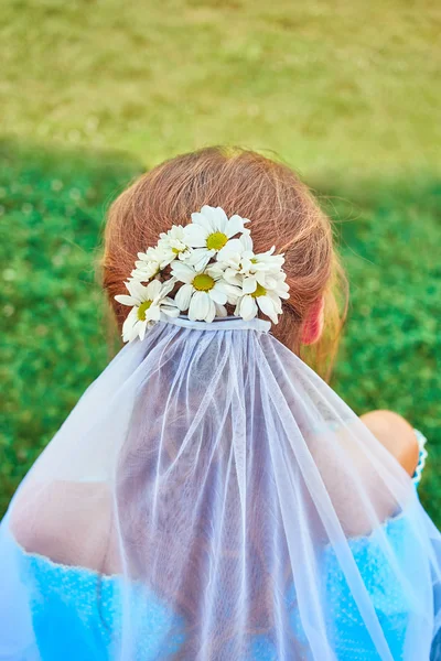 Penteado Casamento Com Véu Margaridas Natureza — Fotografia de Stock