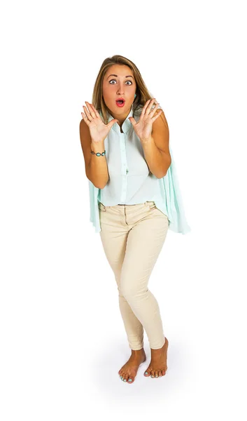 Young beautiful girl expresses emotions of shock — Stock Photo, Image