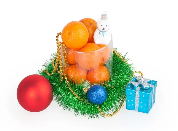 Tangerines and christmas toys — Stock Photo, Image