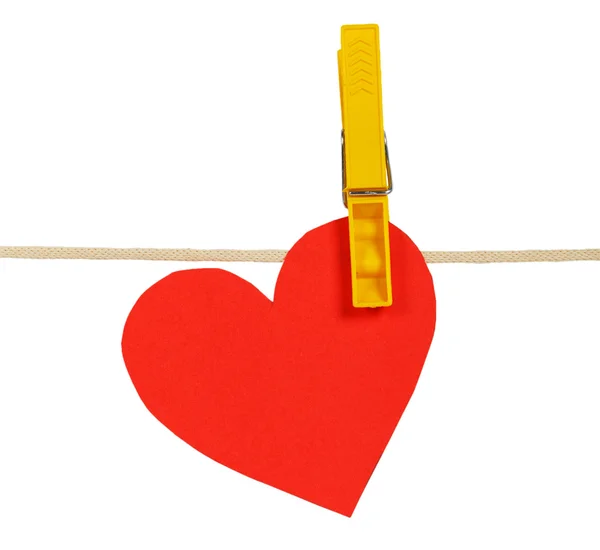 Red paper hearts on rope with clothespin — Stock Photo, Image