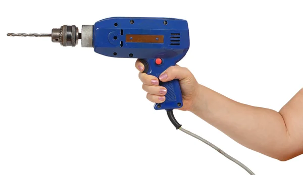 Weibliche Hand hält eine blaue Bohrmaschine — Stockfoto