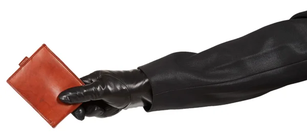 Hırsız tutan bir kahverengi deri çanta siyah elbiseli — Stok fotoğraf