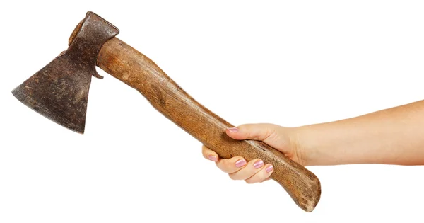 Old ax in female hand — Stock Photo, Image