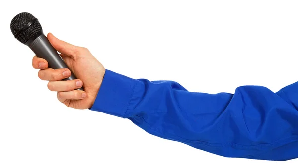 La mano dell'uomo in una camicia blu che tiene un microfono — Foto Stock