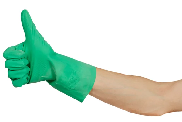Wręczać zielone gumowe rękawice Pokaż kciuk w — Zdjęcie stockowe