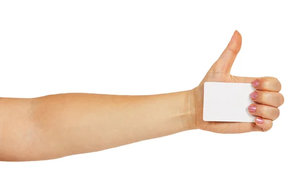 Female hand holding a white business card — Stock Photo, Image