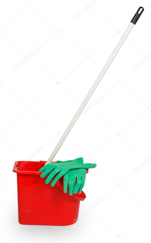 Mop in red plastic bucket and green rubber glove
