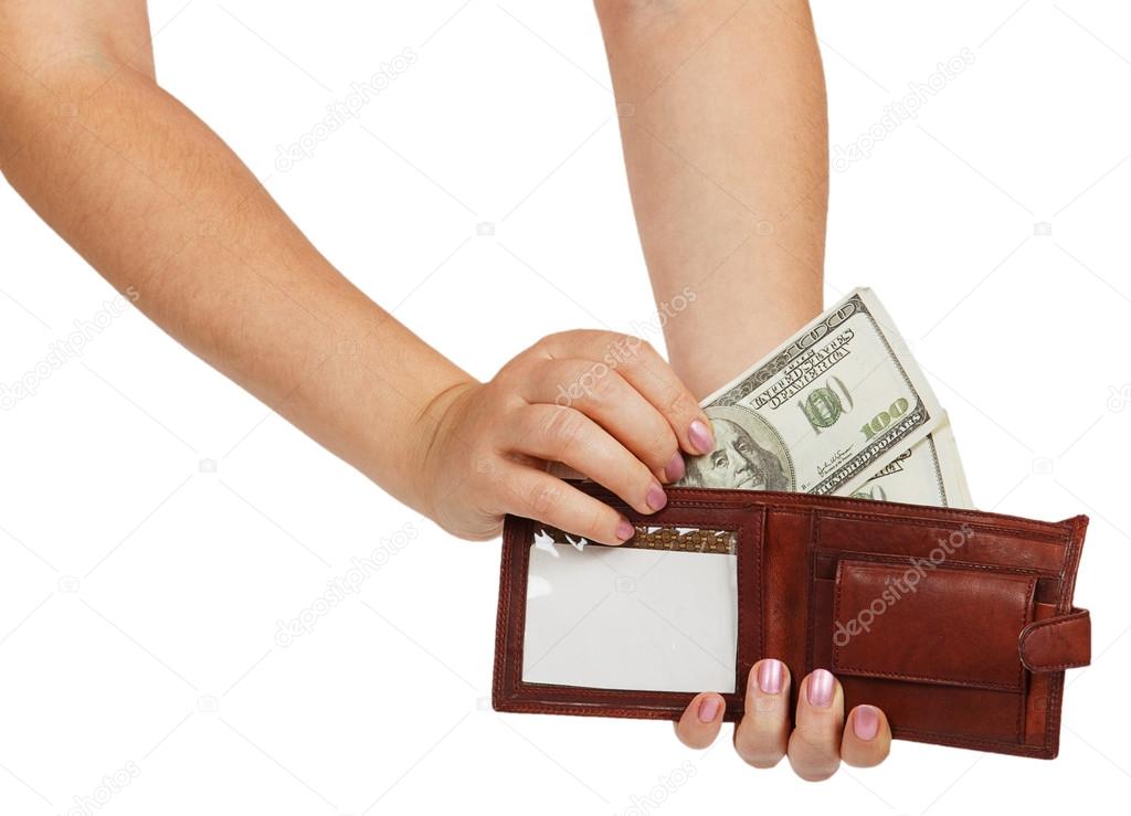 Female hands take out a hundred dollar bill from his wallet
