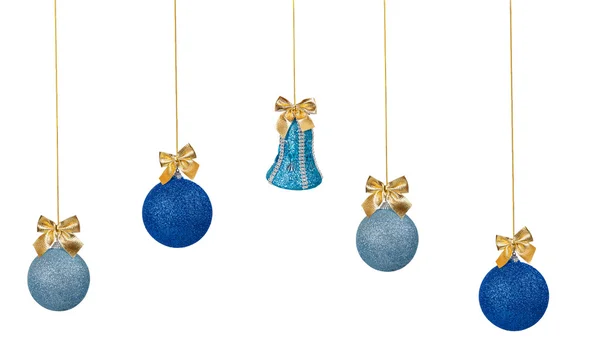 Blue Christmas balls and bell with golden bows — Stock Photo, Image