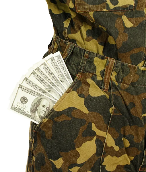 Tasca uniforme dell'esercito con dollari — Foto Stock