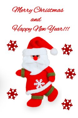 Noel Baba, kırmızı kar taneleri ve metin ile kartı