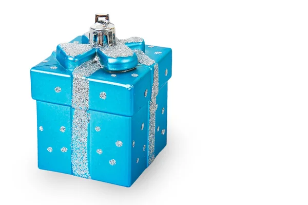 Brinquedo de árvore de Natal brilhante caixa de presente azul — Fotografia de Stock