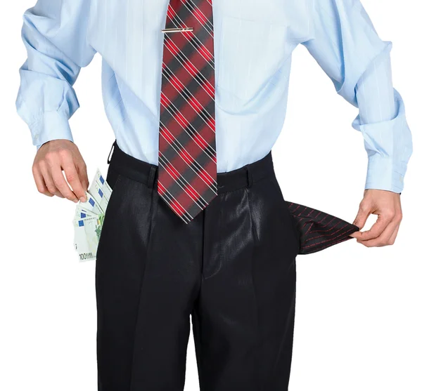 Businessman showing his empty one pocket and euro in the other p — Stock Photo, Image