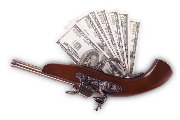 Old gun and hundred dollar bills — Stock Photo, Image