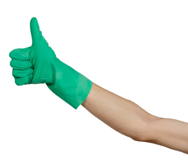 Mão na luva de borracha verde mostrar polegares para cima — Fotografia de Stock